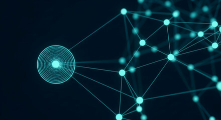 Abstract teal network graphic, glowing nodes and lines on dark background, representing connection, communication, or data flow, ideal for tech or science concepts