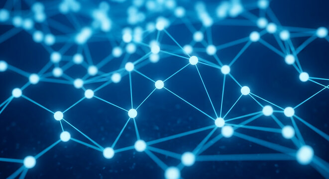 Abstract blue network graphic, glowing nodes and lines, representing connection, communication, technology, or global network