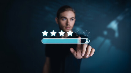 Man interacts with a digital rating system displaying four out of five stars