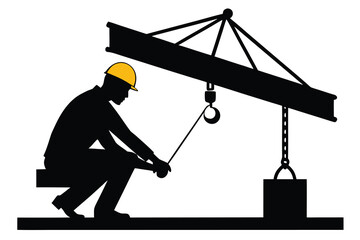 Silhouette of Worker with Yellow Hardhat Operating Crane, Black and White Construction Illustration