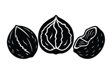 Silhouette Three Walnuts, One Cracked Open, Displaying Kernel on a White Background