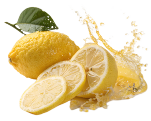 A vibrant image showcasing whole and sliced lemons with a dynamic splash of juice against a black background