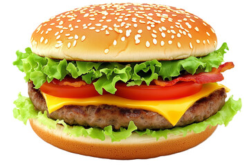 Delicious cheeseburger with fresh vegetables on sesame bun on a transparent background.