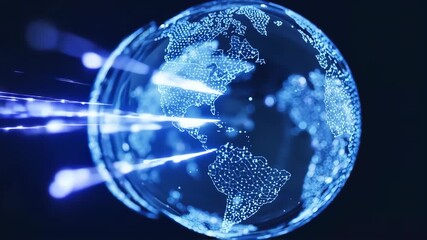 Digital globe with interconnected data streams and glowing network lines representing global connectivity and technology - Powered by Adobe