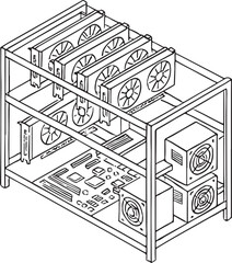 Black and white line drawing of a cryptocurrency mining rig with multiple graphics cards bitcoin mining