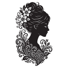 Elegant black vector silhouette of a woman with floral hair ornaments and ornate decorative patterns, isolated on a white background.