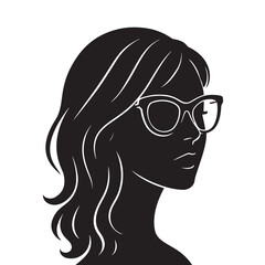 Black silhouette of a stylish woman wearing sunglasses with medium-length wavy hair, isolated vector on a white background.