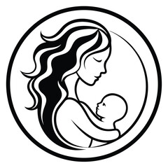 Black and white silhouette logo of mother holding baby within a circle child family