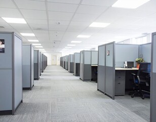 A realistic, eye-level shot looking down a long row of identical, gray office cubicles under flat, fluorescent lighting.