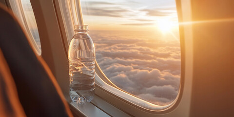 Clear water bottle resting on airplane window during sunset Generative AI