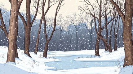 A winter scene of trees and a frozen stream.