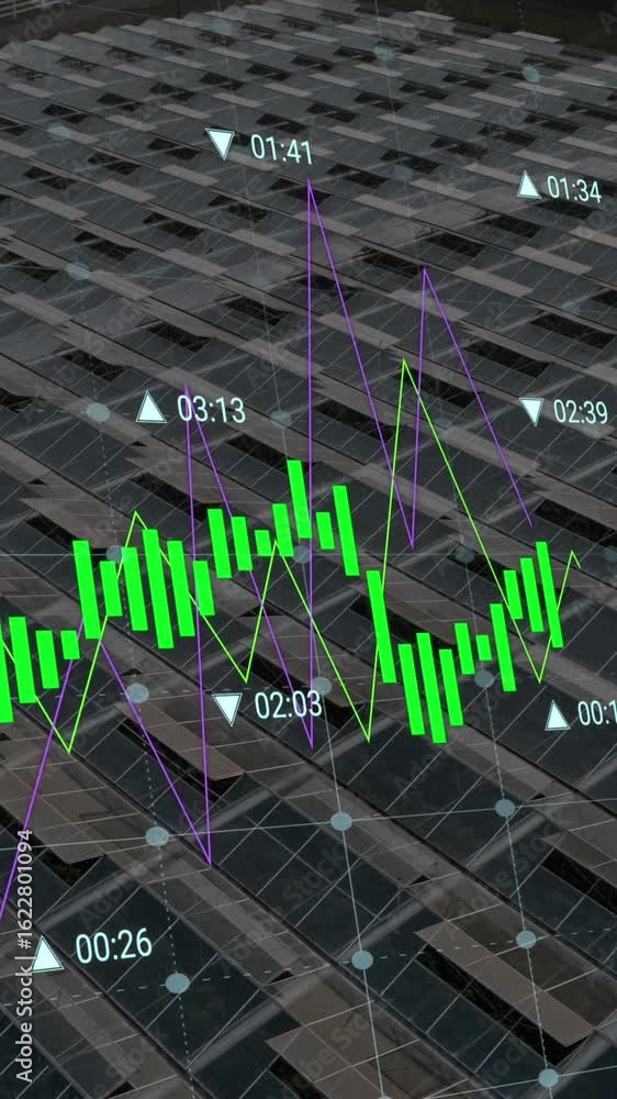 Poster animation of data processing over solar panels and landscape