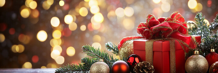 Gift box surrounded by festive decorations for celebration Generative AI