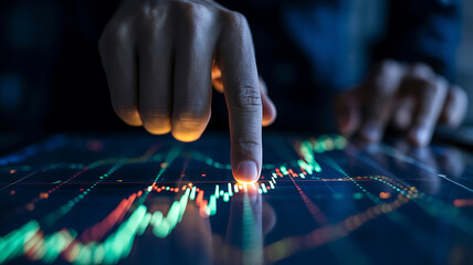Finger points to upward trending stock market graph on a digital screen