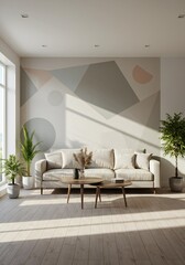 Fototapeta premium Minimalist Living Room Interior with Geometric Wall Art and Sunlight