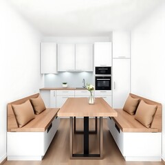 Fototapeta premium minimalist kitchen with dining area — all with a white background, elegant, simple, and multifunctional focus