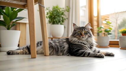 Fluffy Grey Tabby Cat Relaxing Indoors – Realistic Pet Photography