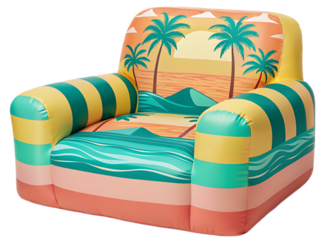 Inflatable armchair with a tropical beach scene featuring palm trees and a sunset backdrop design