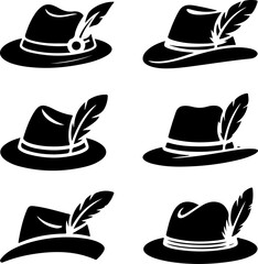 6 unique black silhouette vector illustrations of traditional German hats with feathers 