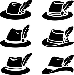 6 unique black silhouette vector illustrations of traditional German hats with feathers 