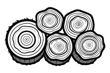 Stylized Black and White Illustration of Five Stacked Tree Stumps with Annual Rings