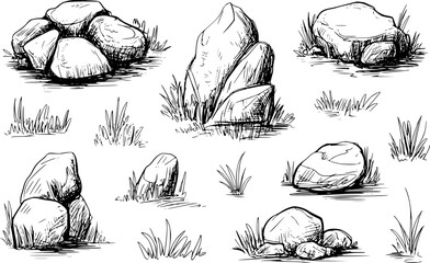 Rough sketches of natural stones and grass in black and white rocks nature
