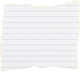 Torn lined notebook paper sheet with empty space for writing notes or reminders isolated on white transparent background