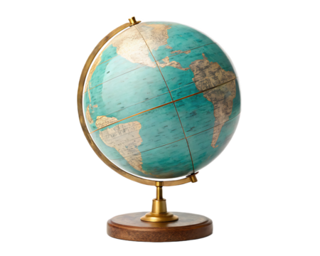 A globe with a wooden base and a metal stand showing north and south america against a black background