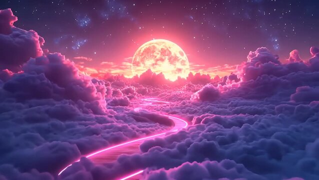 Celestial Dreamscape: Glowing Moonrise over a Luminous Cloud Path