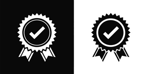 Checkmark badge icon with white-on-black and black-on-white variants—symbolizing approval, verification, and quality assurance.