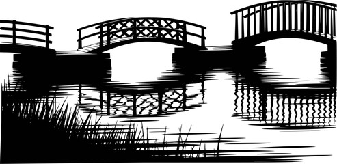 Obraz premium Three arched wooden bridges reflected in water with reeds reflection