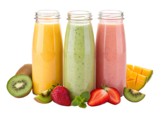 Three bottles of colorful smoothies with fresh fruits like kiwi strawberry and mango around them