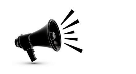 Black megaphone graphic, angled left, emitting sound waves, white background, showcasing announcement or advertisement, free space for text