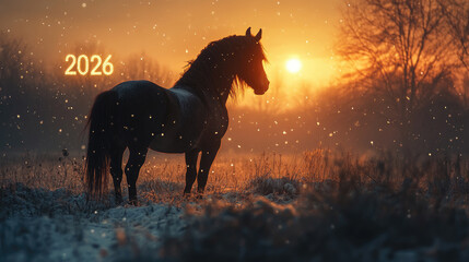 Majestic horse standing in a snowy winter landscape with glowing golden "2026" numbers in the background, illuminated by sunrise light and filled with festive holiday atmosphere. 