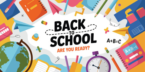 “Back to School—Are You Ready?” flyer with colorful educational icons and prep-themed question—perfect for academic campaign promotions.