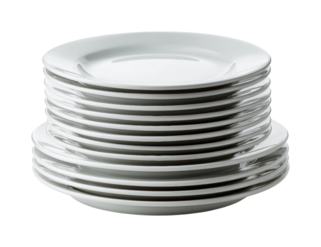 Stacked white dinner plates ready for use kitchen food bright isolated on transparent background, png