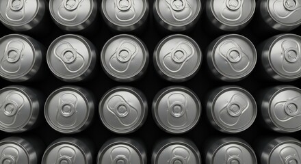 Rows of unopened aluminum soda cans create a metallic background