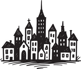 Fototapeta premium Black and white sketch of a city skyline with varied building shapes and windows buildings drawing