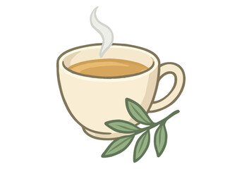 Aesthetic Illustration of Herbal Tea in a Cup with Steam and a Sprig of Leaves Embellishing the Scene