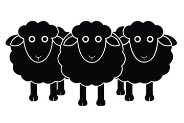 Three Black Cartoon Sheep Standing Together, Simple Illustration,