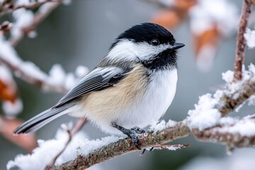A chickadee perched on a snow covered branch in winter with a blurred background in soft light