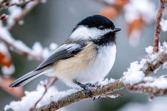 A chickadee perched on a snow covered branch in winter with a blurred background in soft light