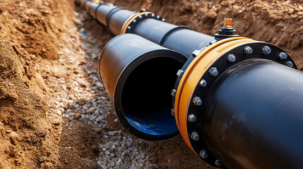 Water pipeline under construction. Black plastic pipes with metal joints in a trench, ready for installation. Ideal for infrastructure, sanitation, or engineering projects.