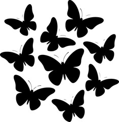 black silhouette of multiple butterflies in various flight poses