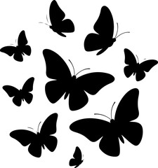 black silhouette of multiple butterflies in various flight poses
