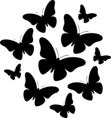 black silhouette of multiple butterflies in various flight poses
