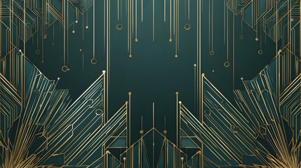 An elegant Art Deco background with a golden geometric frame on a dark green, suitable for a luxury invitation or event

