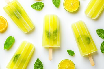 Fresh citrus frozen popsicles with citrus slices and mint leaves on white background.