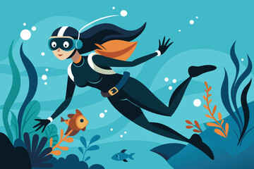 Cartoon woman scuba diving underwater with fish and coral reefs illustration