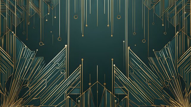 An elegant Art Deco background with a golden geometric frame on a dark green, suitable for a luxury invitation or event
 - Powered by Adobe